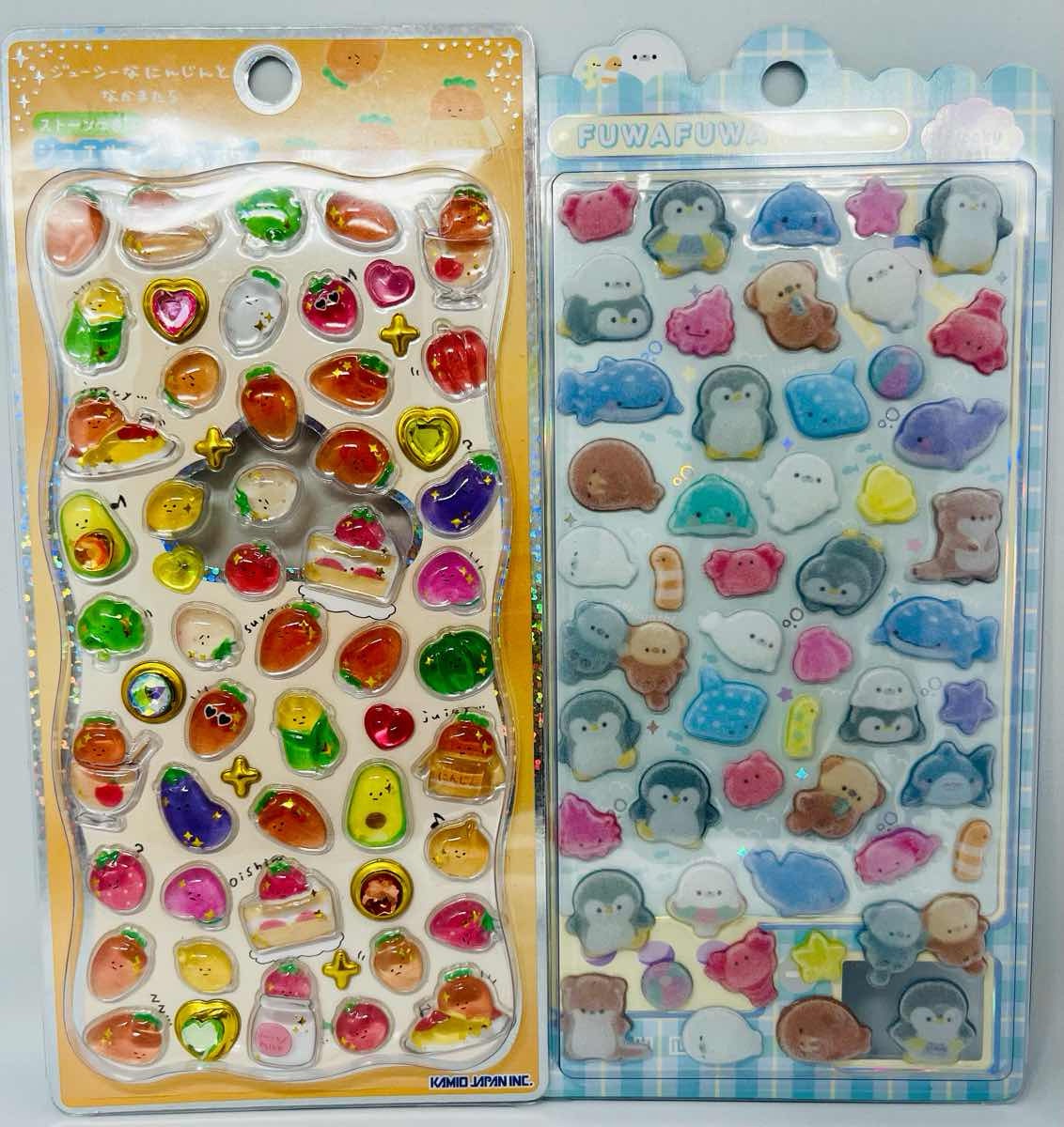 Close-up of kawaii Japanese 3D stickers with shiny textures / キラキラした質感の日本のかわいい3Dシールのクローズアップ